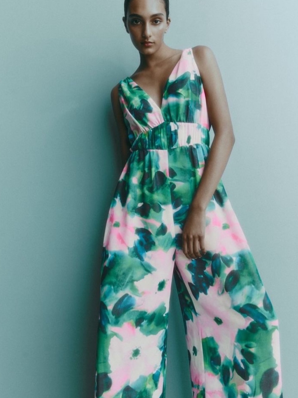 Zara Green & Pink Floral V-Neck Wide-Leg Jumpsuit
